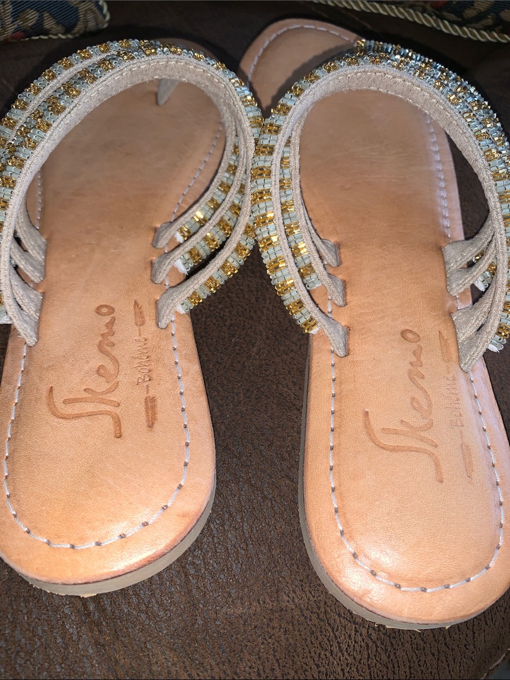 Skemo Tan Leather Thong Sandals with Gold & Silver Beaded Straps - Picture 7 of 8
